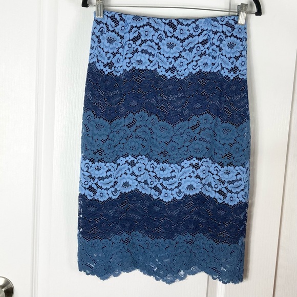 nwot SANDRO Paris Skirt 2 Floral-Lace Stripe Blue Navy Lined Zip Knee Midi Lace - Picture 2 of 11